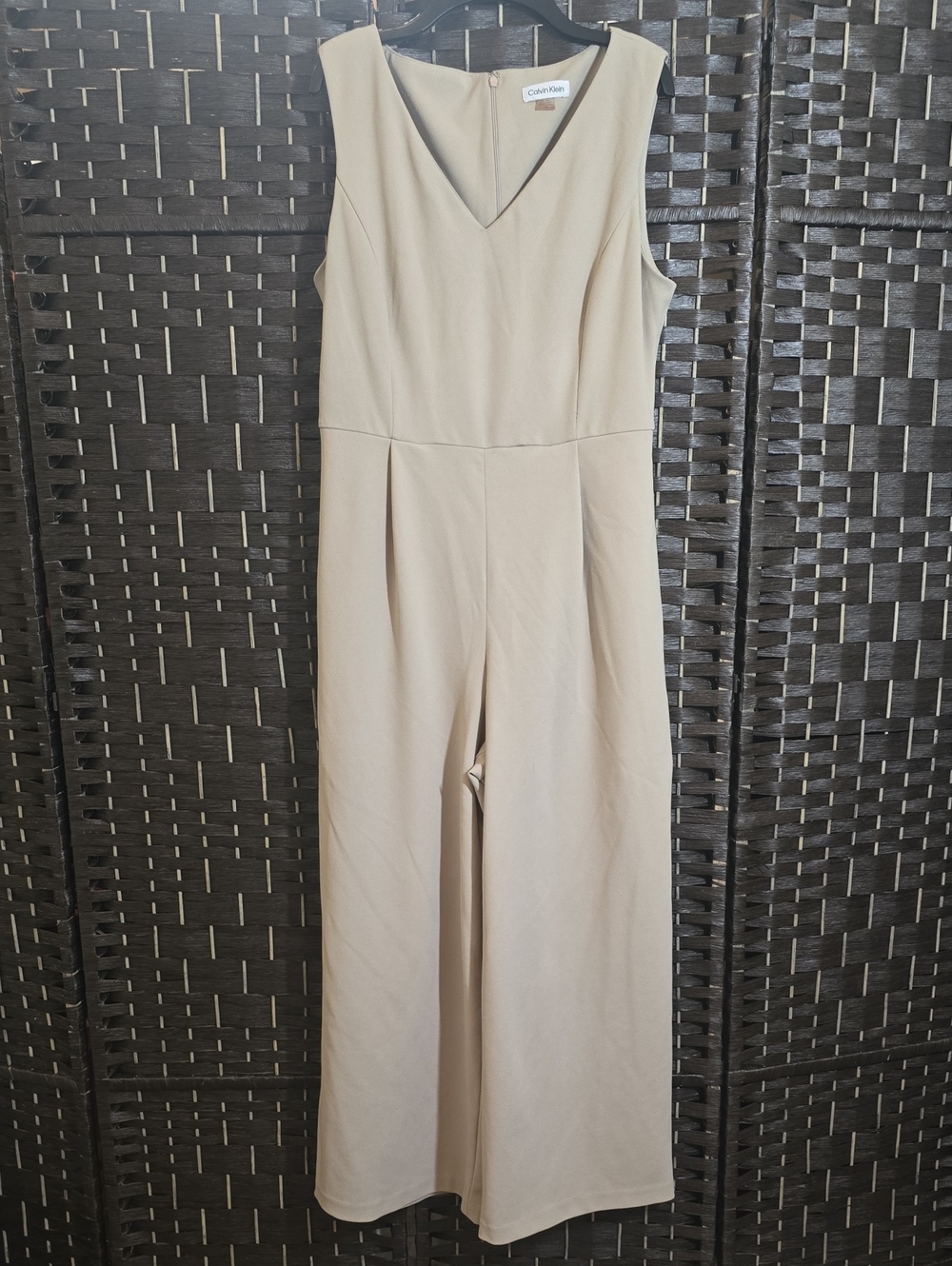 Calvin Klein Sleeveless V-Neck Wide Leg Jumpsuit Beige Tan Size 10